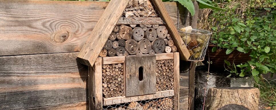 Insektenhotel aus Holz mit Bambus an einem Hochbeet gefestigt